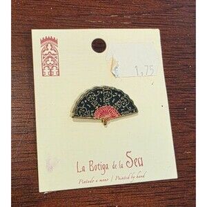 Vintage Damascene Fan Brooch Pin Hand Painted Made in Spain Black and Red